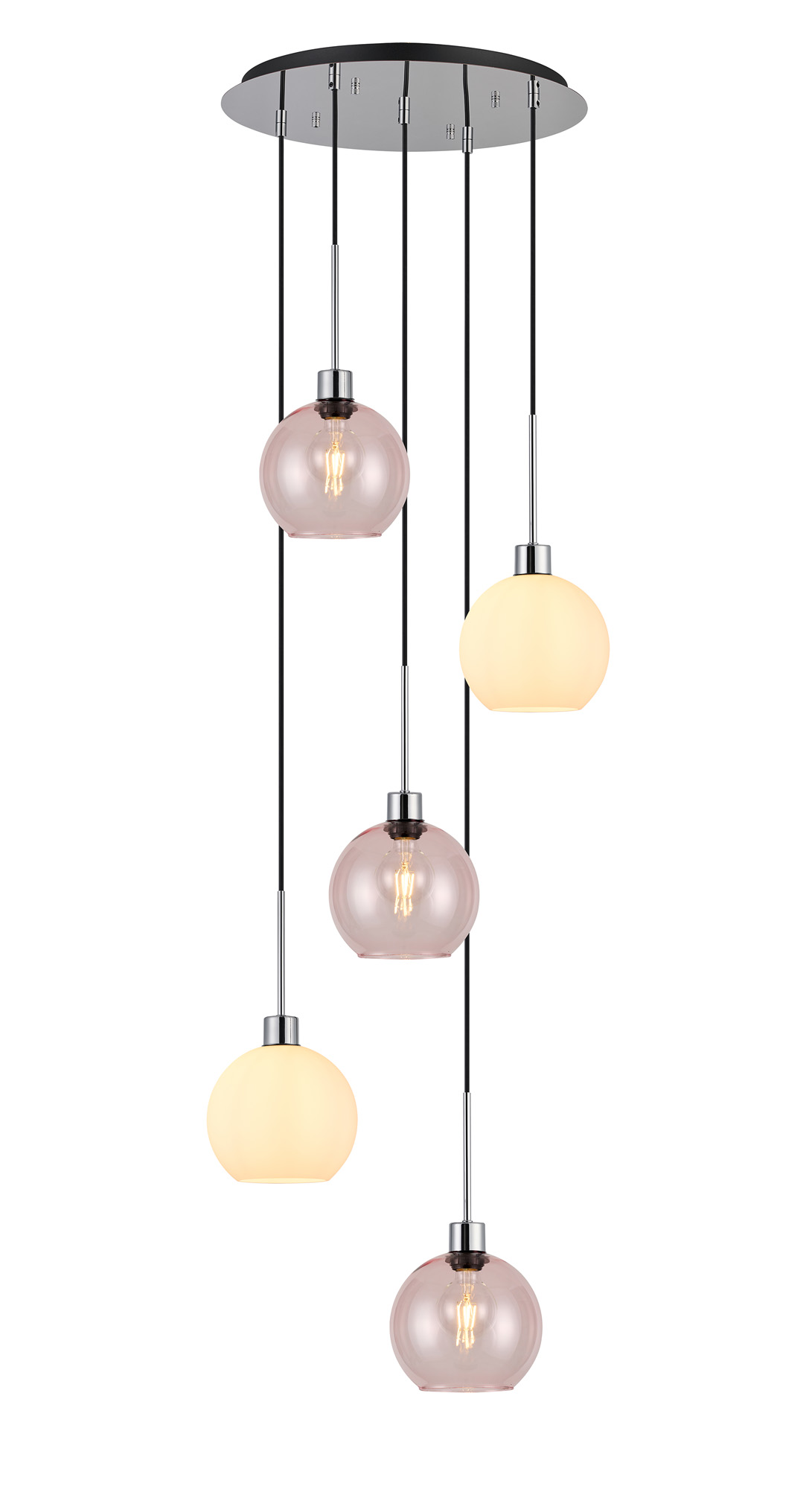 DK1289  Lori 45cm Round Pendant, 5 Light Adjustable E27, Polished Chrome/Opal/Pink Open Mouth Round Globe Shades